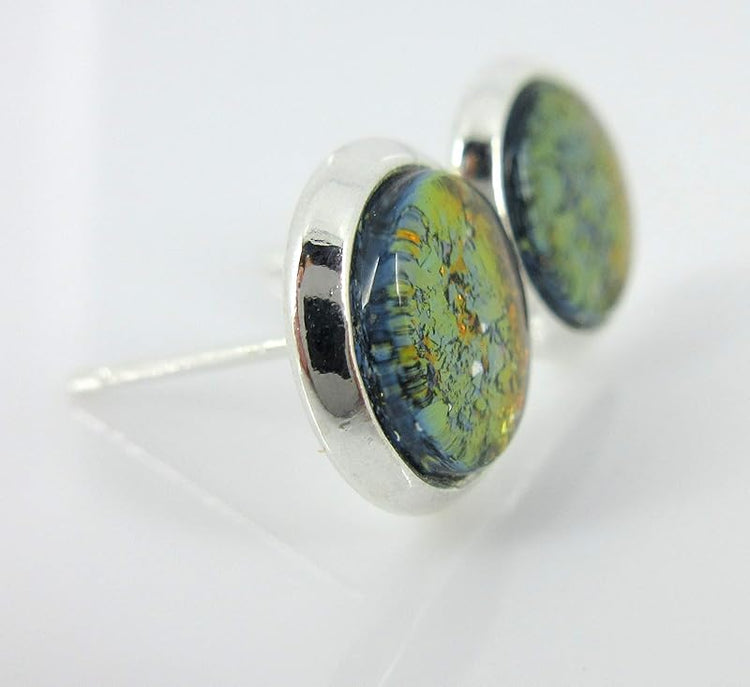 Summerfield Collection Silver-tone Bronze and Purple Glitter Glass Stud Earrings Hand-painted 8mm