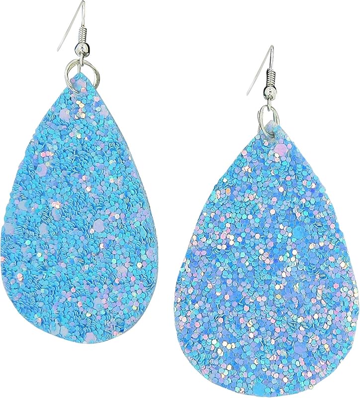 Summerfield Collection Silver-tone Glitter Faux Leather Large Teardrop Dangle Earrings (Sky Blue AB)