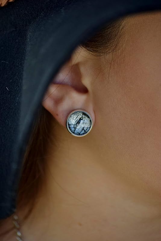 Summerfield Collection Silver-tone Black Shattered Glitter Glass Stud Earrings Hand-painted 12mm