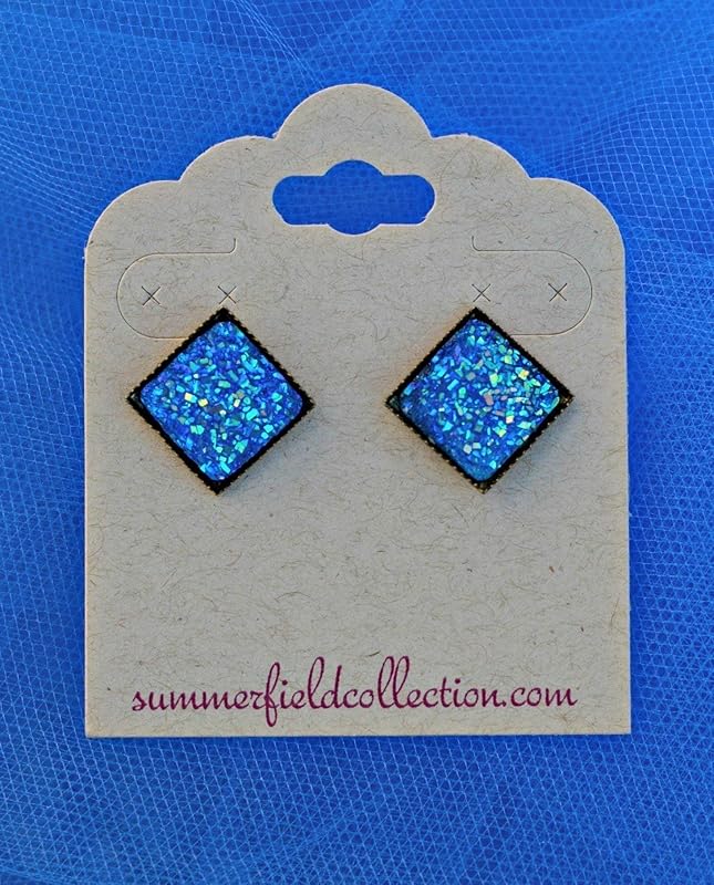 Summerfield Collection Geometric Square Shaped Flat Faux Druzy Stud Earrings 12mm Statement Antiqued Gold-tone (Royal Blue)