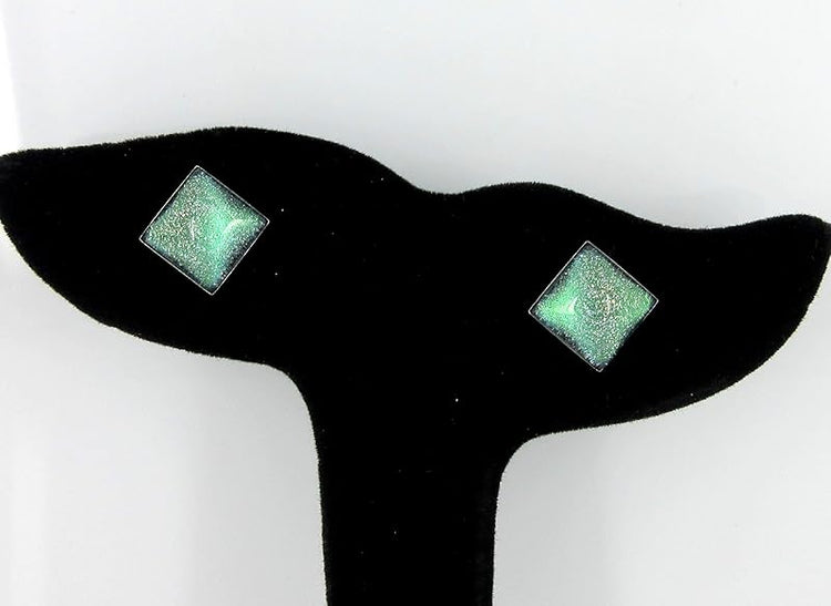Summerfield Collection Stainless Steel Green and Blue Glitter Glass Stud Earrings Hand-painted Square 10mm