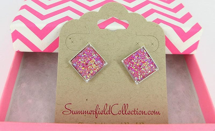 Summerfield Collection Silver-tone Geometric Square Shaped Flat Faux Druzy Stud Earrings 12mm (Hot Pink)