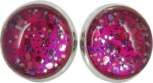 Summerfield Collection Silver-tone Fuchsia Pink and Purple Glitter Glass Stud Earrings Hand-painted 12mm