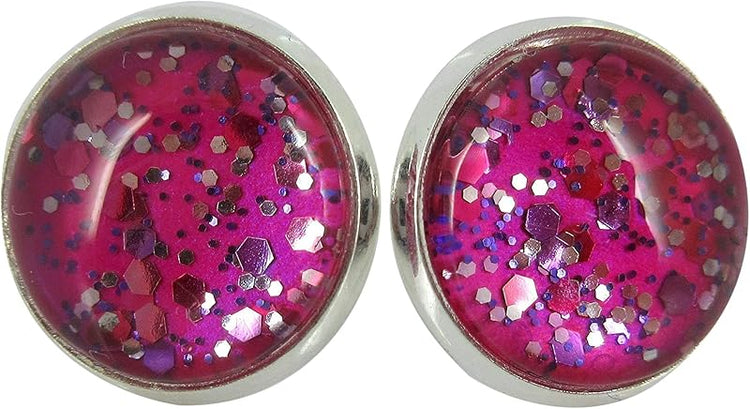 Summerfield Collection Silver-tone Fuchsia Pink and Purple Glitter Glass Stud Earrings Hand-painted 12mm