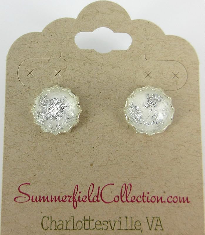 Summerfield Collection Silver Foil Faceted Resin Stud Earrings 12mm (White)