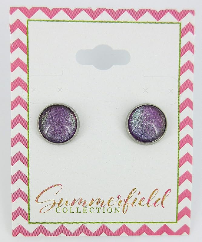 Summerfield Collection Stainless Steel Purple Colorshifting to Green Glitter Glass Stud Earrings Hand-painted 10mm