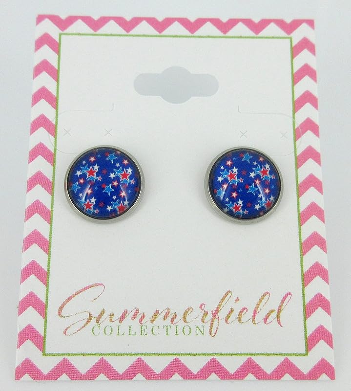 Stainless Steel Patriotic Stars Print Glass Stud Earrings 12mm (Royal Blue)