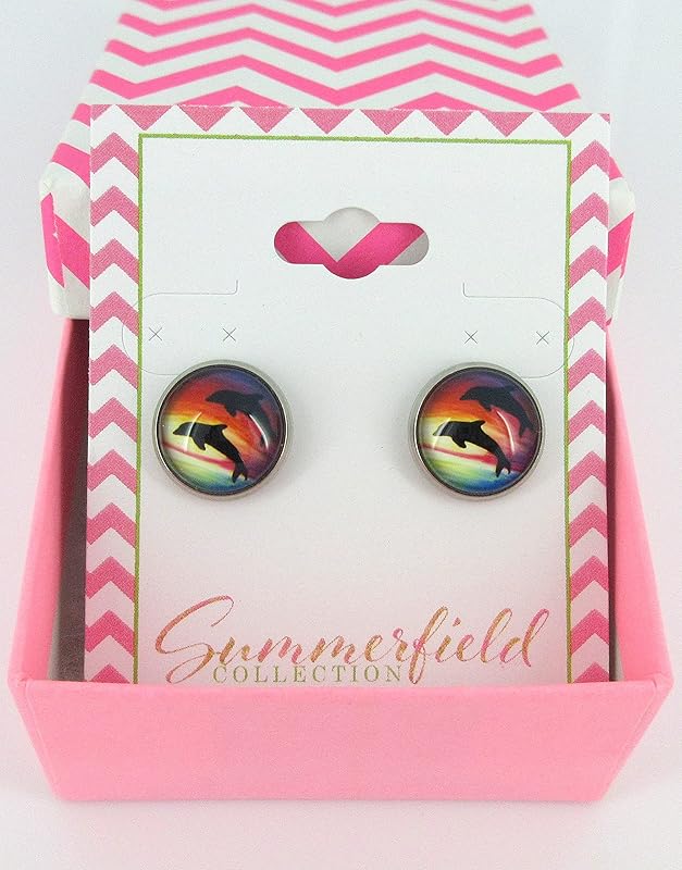 Summerfield Collection Stainless Steel Tropical Sunset Ocean Dolphin Print Glass Stud Earrings 12mm Beach
