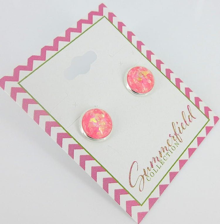 Summerfield Collection Shiny Silver-tone Opalescent Leaf Resin Stud Earrings 10mm (Cotton Candy Pink)