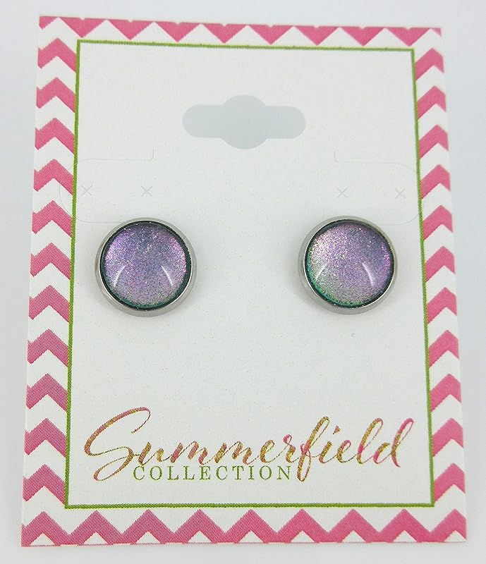 Summerfield Collection Stainless Steel Blue Purple Pink Green Colorshifting Glitter Glass Stud Earrings Hand-painted 10mm