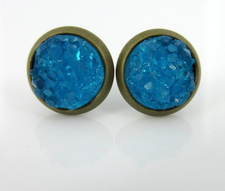 Summerfield Collection Trio Antiqued Gold-tone Stud Earrings 8mm Faux Druzy Stone Set (Green/Yellow/Blue)
