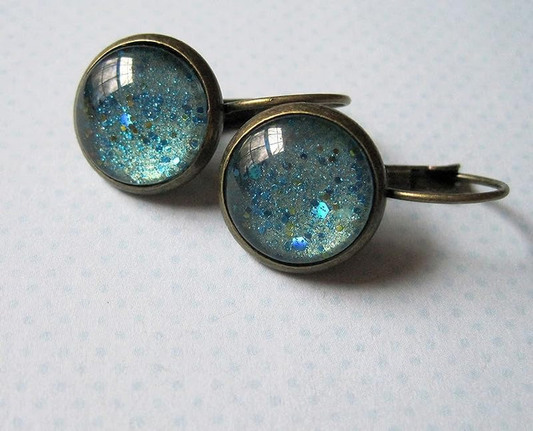 Summerfield Collection Antiqued Gold-tone Seafoam Green and Blue Glitter Glass Lever-back Drop Earrings Hand-painted