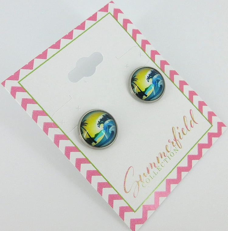Summerfield Collection Stainless Steel Blue and Yellow Ocean Waves Scene Print Glass Stud Earrings 12mm