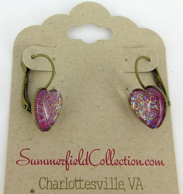 Summerfield Collection Antiqued Gold-tone Berry Iridescent Glitter Glass Heart Drop Earrings Hand-painted