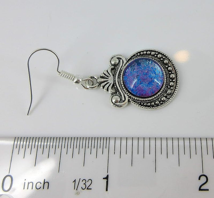 Summerfield Collection Antiqued Silver-tone Blue Purple Color-Shifting Glitter Glass Dangle Earrings Hand-painted