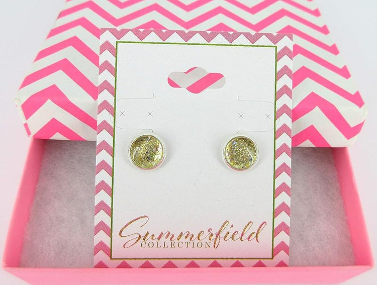 Summerfield Collection Silver-tone Yellow Gold Glitter Glass Stud Earrings Hand-painted 8mm