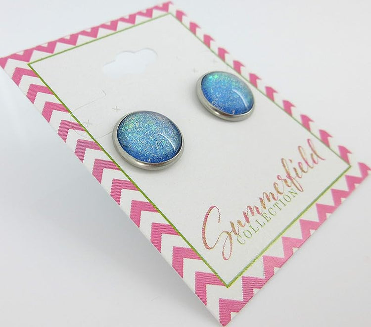Summerfield Collection Stainless Steel Sky Blue and Rainbow Glitter Flake Glass Stud Earrings Hand-painted (12mm)