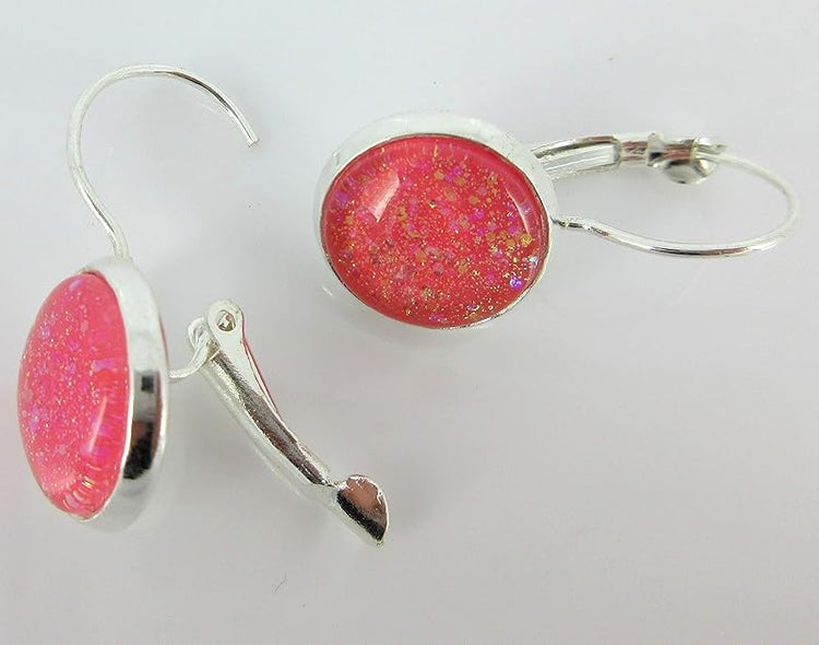 Summerfield Collection Silver-tone Coral Iridescent Glitter Glass Galaxy Drop Earrings Leverback Hand-painted