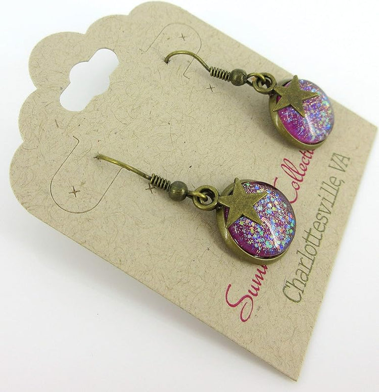 Summerfield Collection Antiqued Gold-tone Glitter Glass Star Charm Galaxy Dangle Earrings Plum Berry Purple Hand-painted