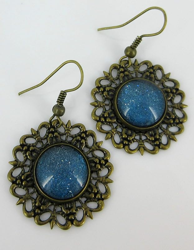 Summerfield Collection Antiqued Gold-tone Blue Glitter Glass Medallion Dangle Earrings Hand-painted
