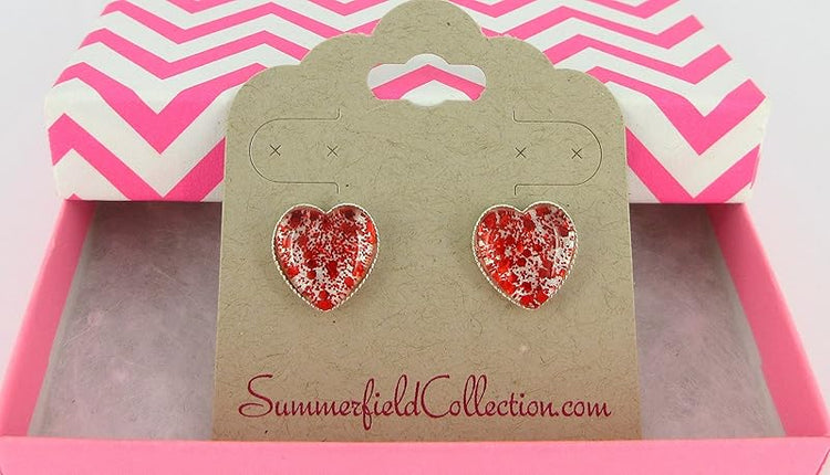Summerfield Collection Silver-tone Glitter Glass Heart Stud Earrings Red Hand-painted