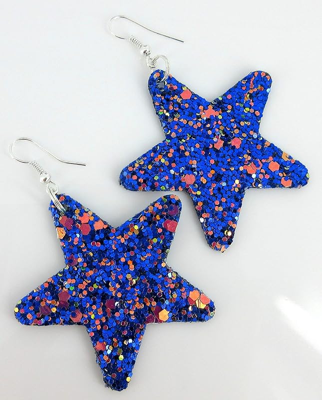 Summerfield Collection Glitter Faux Leather Large Star Dangle Earrings (Blue with Pink and Black)