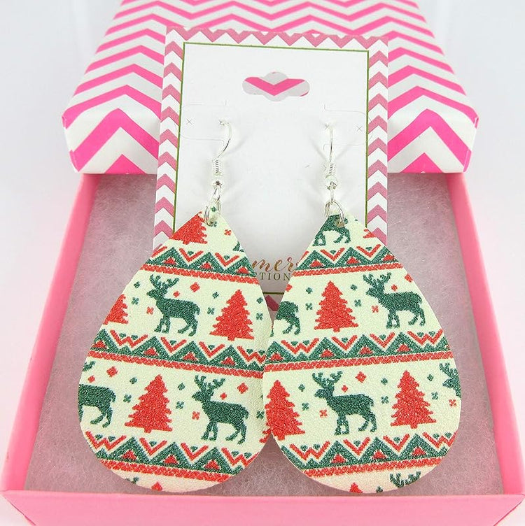 Summerfield Collection White Red Green Christmas Print Faux Leather Large Teardrop Dangle Earrings