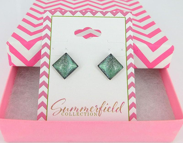Summerfield Collection Stainless Steel Green and Blue Glitter Glass Stud Earrings Hand-painted Square 10mm