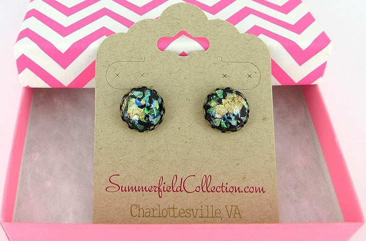 Summerfield Collection Antiqued Gold-tone Black and Opalescent Leaf Resin Stud Earrings 12mm