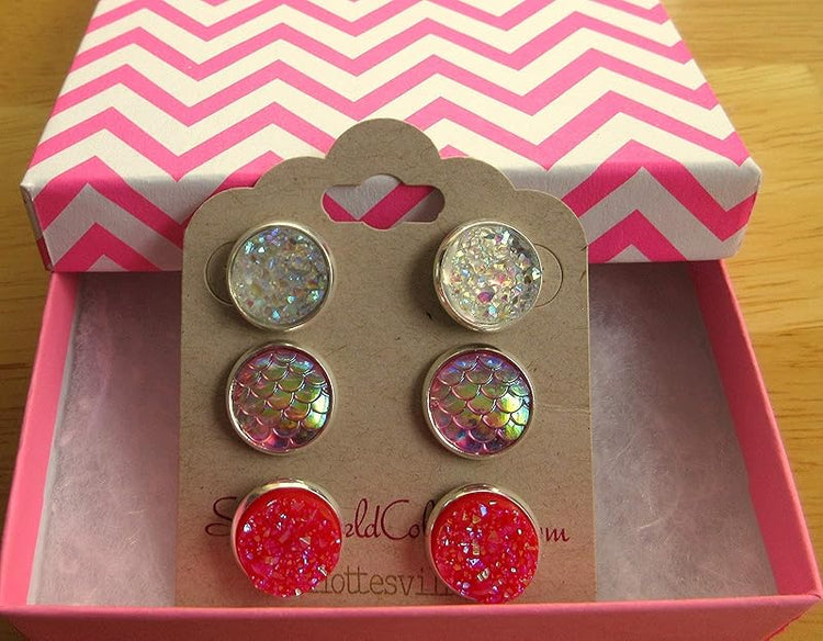 Summerfield CollectionTrio Silver-tone Stud Earrings Clear AB Red Faux Druzy Stone Mermaid Scale Set 12mm