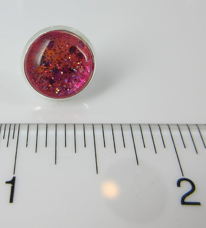 Summerfield Collection Silver-tone Duo Stud Earrings Teal Blue Green and Hot Pink Glitter Glass Set 12mm Hand-painted