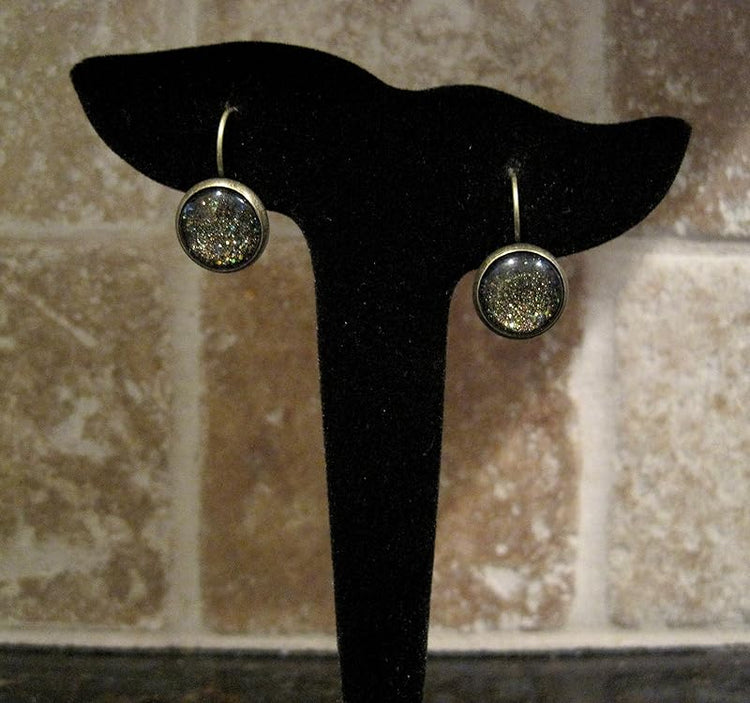 Summerfield Collection Antiqued Gold-tone Black Glitter Glass Lever-back Drop Galaxy Earrings Hand-painted