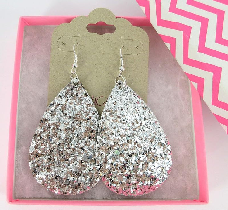 Summerfield Collection Silver-tone Glitter Faux Leather Large Teardrop Dangle Earrings (Silver)