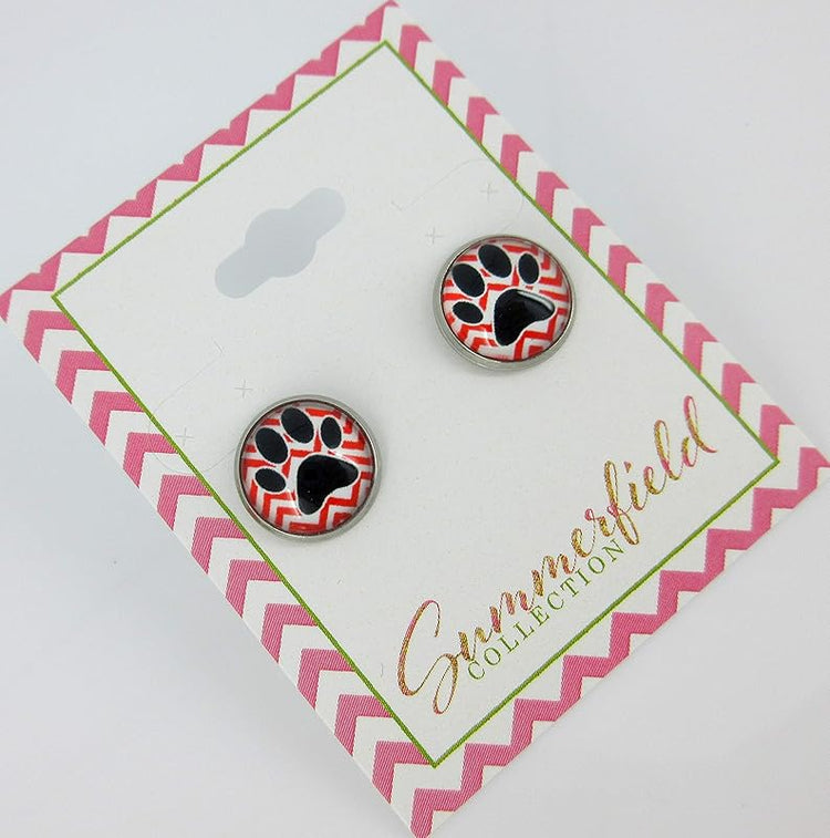 Summerfield Collection Stainless Steel Chevron and Black Paw Print Glass Stud Earrings 12mm (Red)