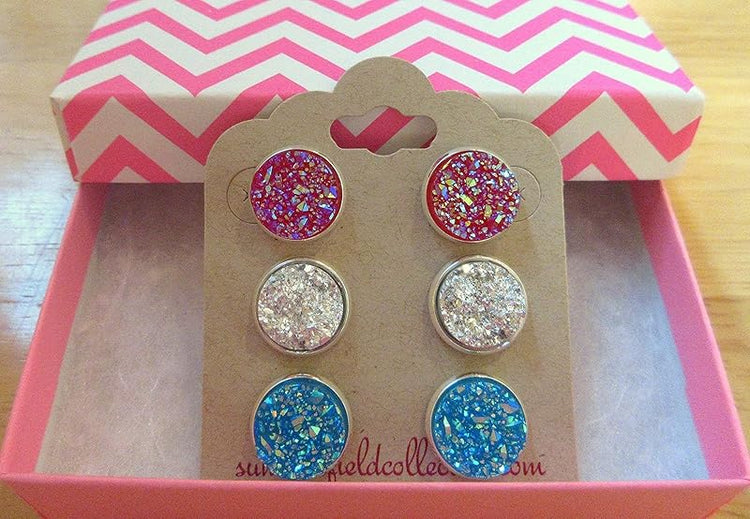 Summerfield Collection Trio Silver-tone Stud Earrings Faux Druzy Stone Red Dark Pink Blue Set 12mm