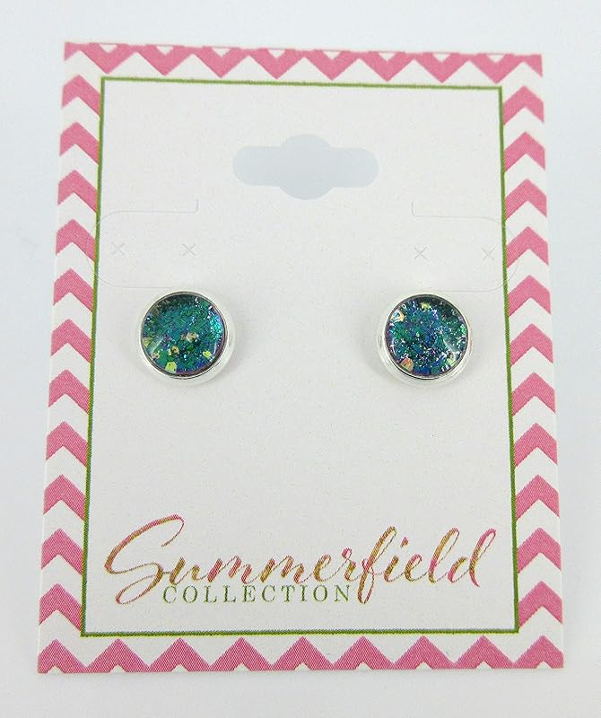 Summerfield Collection Silver-tone Aqua Blue and Purple Glitter Glass Stud Earrings Hand-painted 8mm