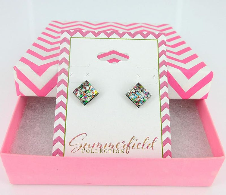 Summerfield Collection Stainless Steel Multi Color Party Confetti Glitter Glass Stud Earrings Hand-painted Square 8mm