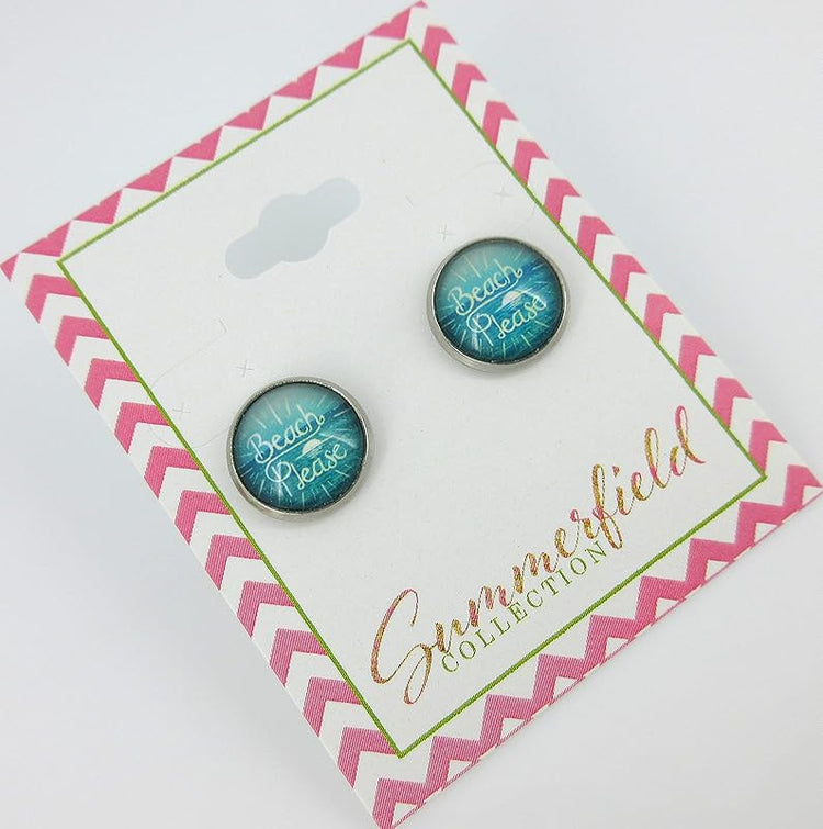 Summerfield Collection Stainless Steel Beach Please Print Glass Stud Earrings 12mm