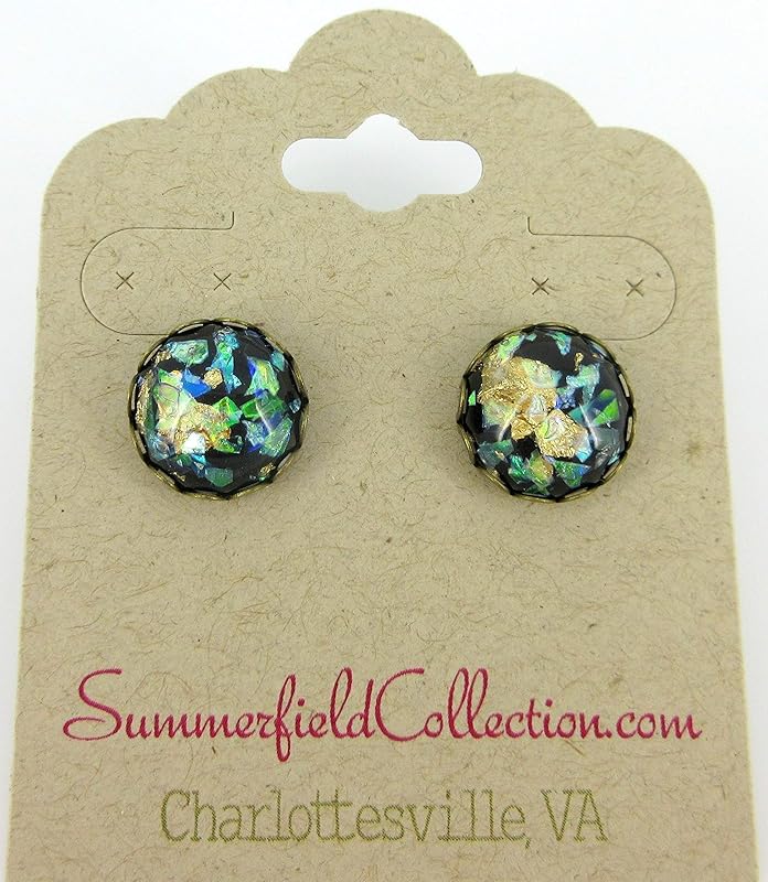 Summerfield Collection Antiqued Gold-tone Black and Opalescent Leaf Resin Stud Earrings 12mm
