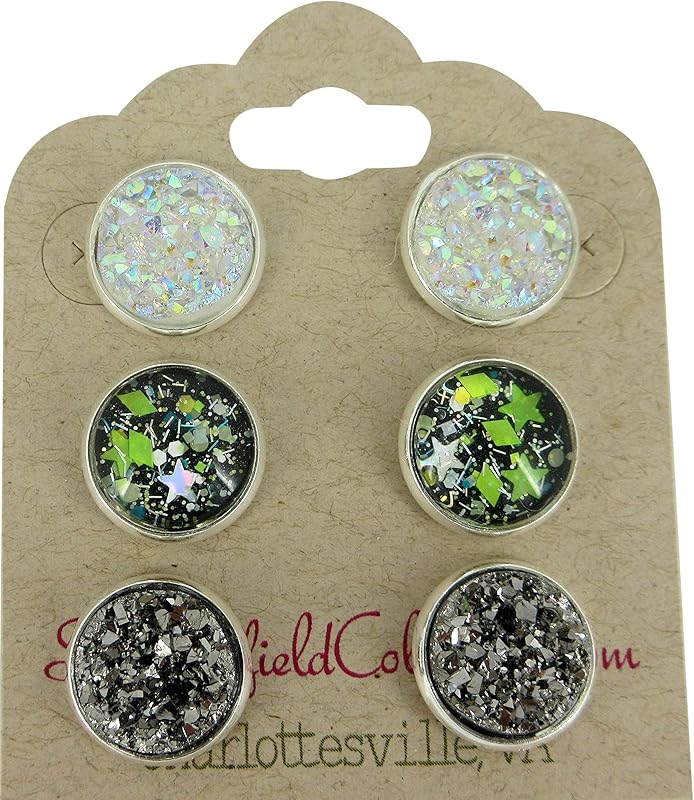 Summerfield Collection Silver-tone Trio Stud Earrings Neon Green Black Glitter Glass Gunmetal Clear Faux Druzy Stone Set