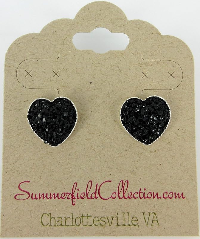 Summerfield Collection Silver-tone Heart Faux Druzy Stone Stud Earrings 12mm (Black)