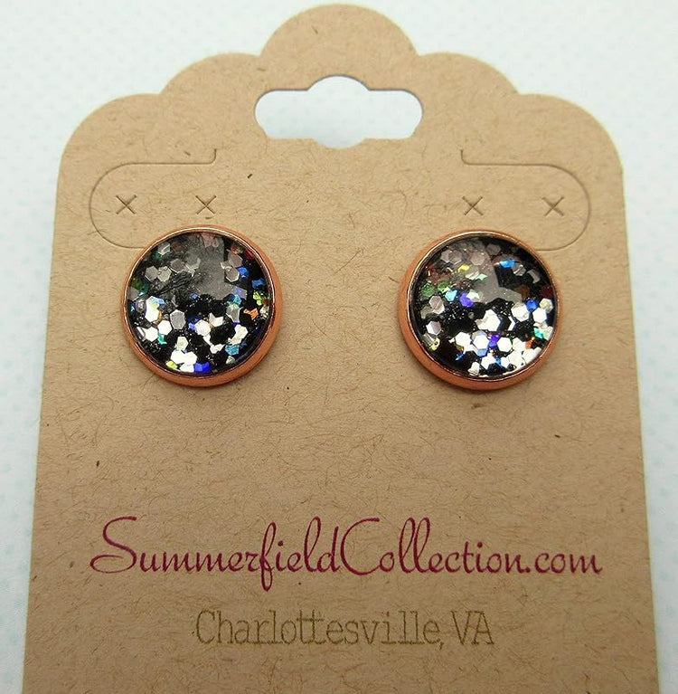 Summerfield Collection Rose Gold-tone Black Meteor Shower Glitter Glass Galaxy Stud Earrings Hand-painted 12mm
