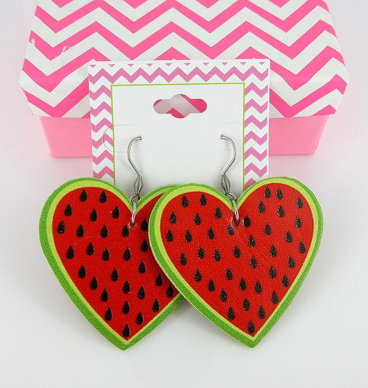 Summerfield Collection Watermelon Faux Leather Large Heart Dangle Earrings Stainless Steel Red Green Black Fruit