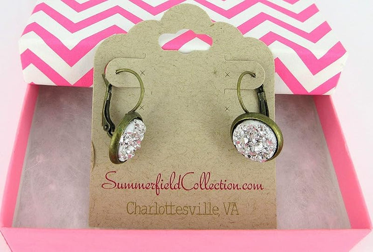 Summerfield Collection Antiqued Gold-tone Silver Faux Druzy Stone Lever-back Drop Earrings 12mm