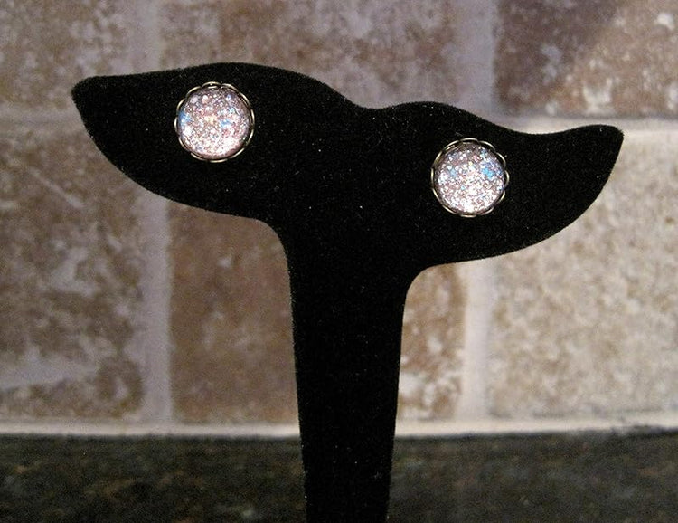 Summerfield Collection Antiqued Gold-tone Pink Iridescent Glitter Glass Stud Earrings Hand-painted 12mm