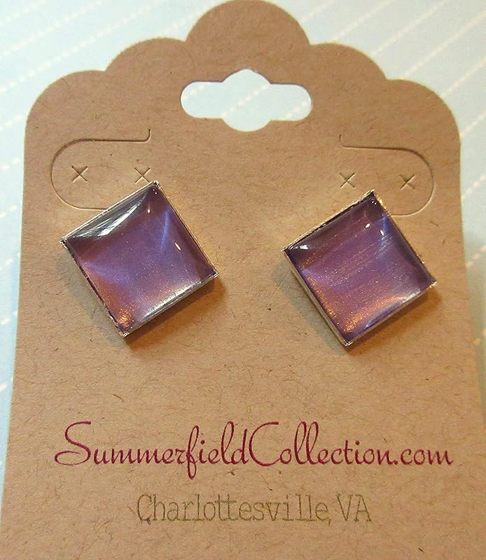 Summerfield Collection Silver-tone Metallic Purple Color Shifting Glass Stud Earrings Hand-painted Square 12mm