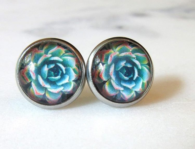 Summerfield Collection Stainless Steel Succulent Plant Print Glass Stud Earrings 12mm (Green/Yellow/Red)