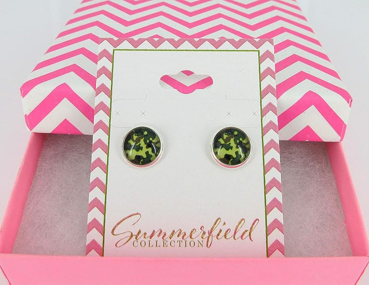 Summerfield Collection Silver-tone Camo Print Glass Stud Earrings 10mm Camoflauge (Green)