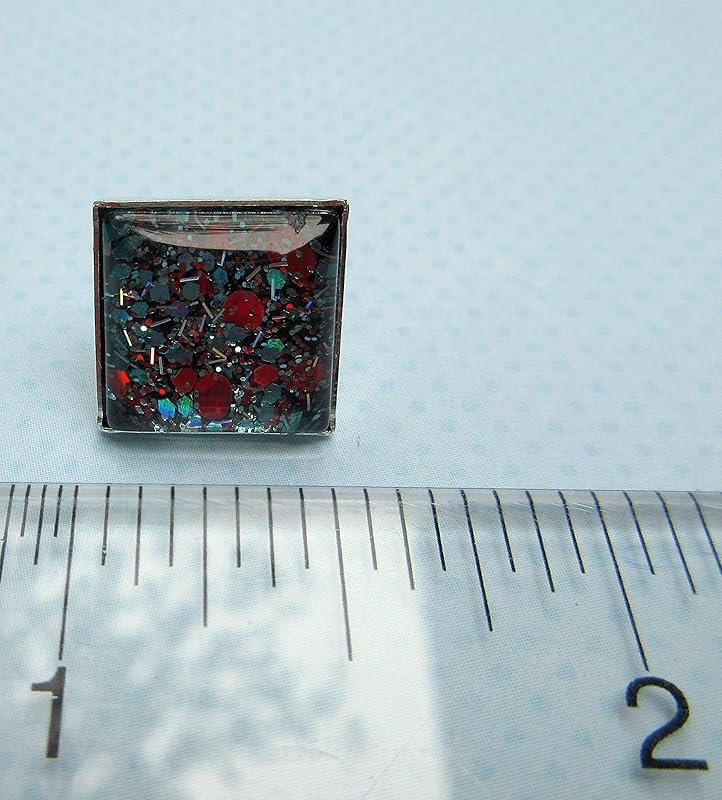 Summerfield Collection Silver-tone Aqua Blue and Red Glitter Glass Stud Earrings Hand-painted Square 12mm