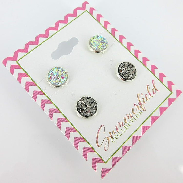 Summerfield Collection Duo Silver-tone Faux Druzy Stone Stud Earrings 8mm Set (Clear AB/Gunmetal)